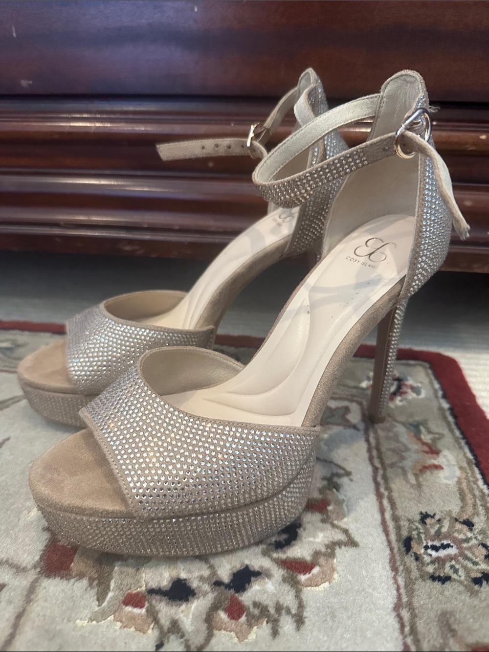 Cosy Island Champagne Gold Rhinestone Platform Ankle-Strap Heels